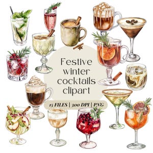 Festliches Aquarell Winter Cocktail Clipart Bundle | Signature Drinks Design | Hochzeit-Bar-Menü | Aperol Spritz, Espresso Martini PNG Grafik