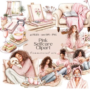 Clipart de autocuidado rosa y acogedor PNG / Pegatinas de cuidado de la piel / Chica pijama / Imágenes clipart y png de relajación / Gráficos de autocuidado / Sublimación
