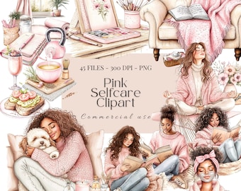 Pink and cozy self care clipart PNG | Skincare stickers | Pajama girl | Relaxation clipart and png images | Self care graphics | Sublimation