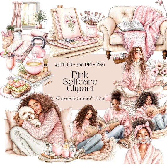 Pink and cozy self care clipart PNG | Skincare stickers | Pajama girl | Relaxation clipart and png images | Self care graphics | Sublimation