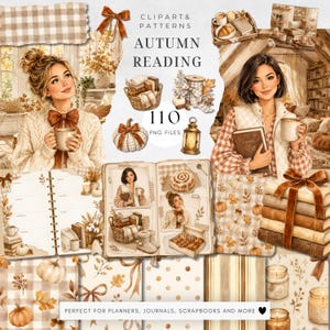 Può includere: Una collezione digitale di clipart e motivi Autumn Reading con 110 file PNG. Il set include illustrazioni di persone che leggono, libri, zucche, candele, cesti e tessuti accoglienti in calde tonalità marroni, beige e color crema.