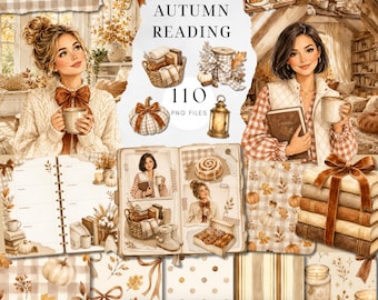 Cozy Autumn Reading Clipart Bundle, Watercolor Library Graphics (Digital Download)