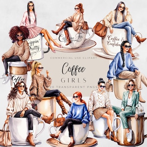 Clipart koffiemeisje | Designer Coffee PNG-afbeeldingen | That Girl-esthetiek | Ontwerpen voor koffietijd | Digitale stickers dagelijks leven | Barista, png
