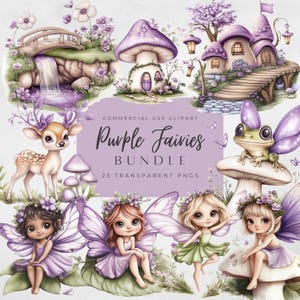 Clipart fée violette, jardin magique PNG, aquarelles mignonnes de fées, décoration de chambre d'enfant, images de premier anniversaire de fée, lot de fleurs magiques