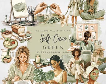 Green cozy self care clipart PNG | Skincare stickers | Pajama girl | Relaxation clipart and png images | Self care graphics | Commercial use