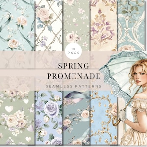 May include: A collection of ten seamless patterns with floral designs in pastel colors. The patterns feature roses, ribbons, and other botanical elements. The text "Spring Promenade" and "Seamless Patterns" are displayed.
