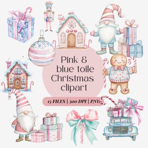 Conjunto de clipart de Natal rosa e chinoiserie azul: Noel, quebra-nozes, bengala de doces, gnomos de Natal PNG | Pacote de fofura de Natal | Natal preppy