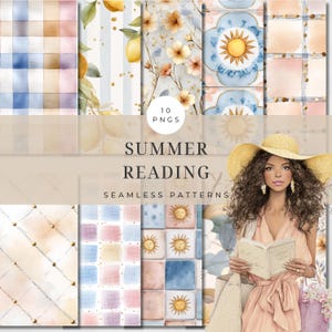 May include: Digital art featuring watercolor seamless patterns with floral, lemon, and geometric designs. The image includes a woman in a sun hat holding a book, with the text "Summer Reading" and "10 PNGs".