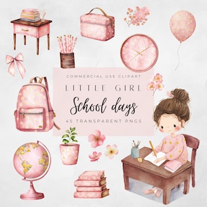 Pastel School Clipart, Little Girl Back to School PNG, School Supplies, Teacher Clipart, Classroom Decor, School Stationery, Commercial Use