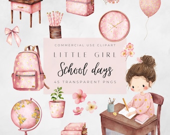 Pastel School Clipart, Little Girl Back to School PNG, School Supplies, Teacher Clipart, Classroom Decor, School Stationery, Commercial Use