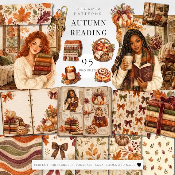 Watercolor Autumn Clipart Bundle, Cozy Reading PNG, Fall Library Clipart, Cottagecore and Cozy Autumn Graphics, Digital Papers