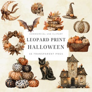 Könnte beinhalten: Aquarellillustrationen von Halloween-Objekten mit Leopardenmuster. Das Bild zeigt einen Mond, einen Schädel, eine Fledermaus, Bücher, einen Hexenhut, Kürbisse, einen Kranz, einen Korb, eine schwarze Katze und ein Haus. Der Text lautet "Leopard Print Halloween".