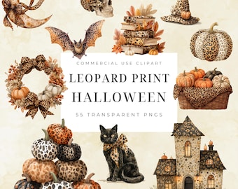 Paquete de imágenes prediseñadas de Halloween con estampado de leopardo en acuarela, ilustración otoñal neutra, gráficos de calabazas