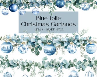 Weihnachtsgirlande Clipart blau kariert | Winter Bordüre PNG Girlande | Feiertags-Grußkarte | Französischer Toile de Jouy | Clipart png der Abendkarte