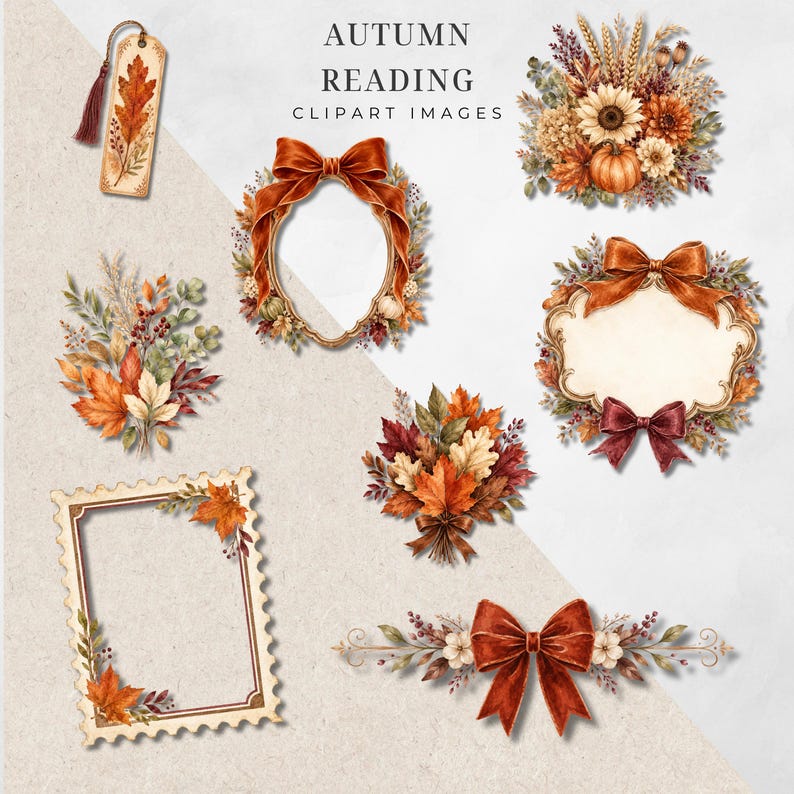 May include: A collection of digital autumn-themed clipart images featuring the text "AUTUMN READING CLIPART IMAGES". Elements include a bookmark, floral bouquets with pumpkins, ornate frames with bows, a postage stamp frame, and a decorative bow.