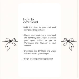 K&ouml;nnte beinhalten: Schwarz-wei&szlig;-Illustration eines Bogens mit Anweisungen zum Herunterladen eines digitalen Produkts von Etsy. Der Text enth&auml;lt Anweisungen zum Hinzuf&uuml;gen des Artikels zum Warenkorb, zum &Uuml;berpr&uuml;fen Ihrer E-Mail auf einen Download-Link und zum Herunterladen der ZIP-Datei.