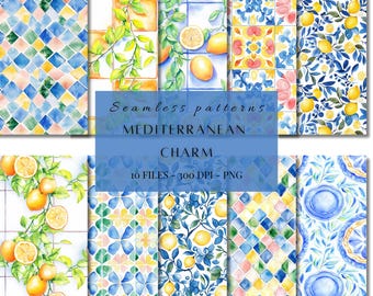 Mediterranean Watercolor Clipart Seamless Patterns | Lemon Ceramic tiles PNG and Clipart | Mediterranean tiles and sets | Lemon Bouquets