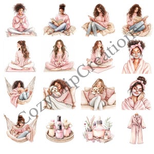 May include: A digital illustration set of 12 images featuring women in various relaxing activities, including reading, meditating, and taking care of themselves. The illustrations are in a soft pink and brown color palette and feature a variety of poses and expressions.
