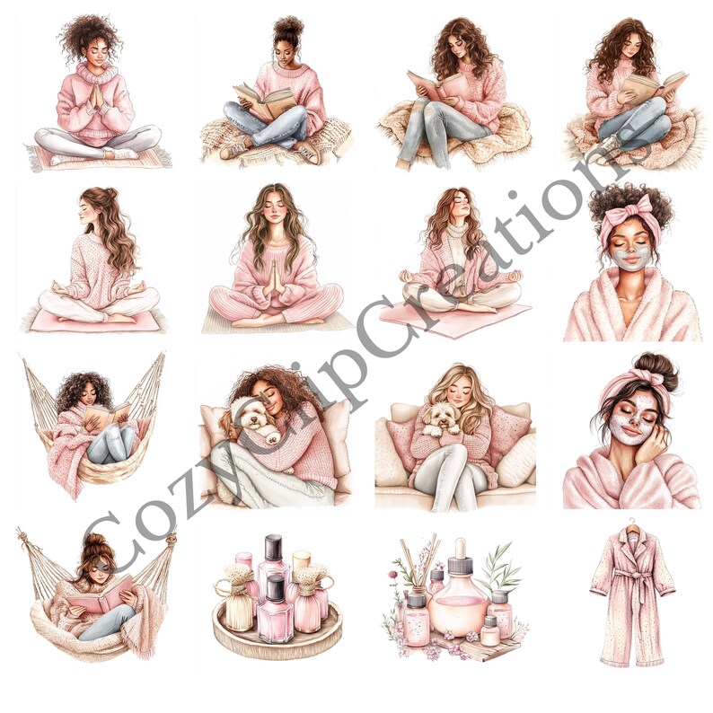 May include: A digital illustration set of 12 images featuring women in various relaxing activities, including reading, meditating, and taking care of themselves. The illustrations are in a soft pink and brown color palette and feature a variety of poses and expressions.