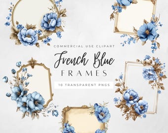 French Blue Frame Clipart Set | Wedding Floral Frame | French Blue Ornate Borders | Digital Download Invitations | Elegant Chinoiserie Art