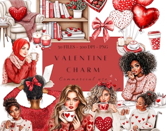 May include: A digital illustration set of 50 Valentine's Day themed images. The set includes women in red sweaters with hearts, a bookshelf with books, candles, coffee cups, and red heart balloons.