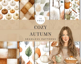 May include: A digital art composition featuring ten seamless patterns with a cozy autumn theme. The patterns include pumpkins, leaves, plaid, and cozy drinks. The text reads "Cozy Autumn Seamless Patterns". A woman is holding a cup and a pie.