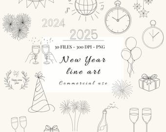 Nyttår 2025 Clipart | Nyttår 2025 png | Svartvit nyårsafton | Kommersiellt bruk | Fest Clipart | Firande Clipart, PNG, POD