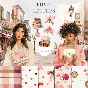 Puede incluir: Ilustración en acuarela con el texto "LOVE LETTERS". La imagen presenta a dos mujeres, sobres, libros, perfume y patrones florales. La paleta de colores incluye tonos rosas, beige y marrones, con un tema romántico. La imagen también incluye el texto "50 PNGS" y "CLIPART + PATTERNS".