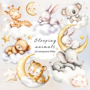 Animali neutri addormentati PNG / Clipart per la cameretta dei neonati boho / Clipart per coniglietti, giraffe e leoni / Boho Doole per bambini / Orsacchiotto boho