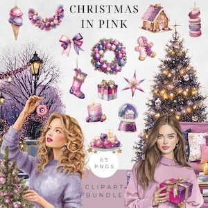 May include: A digital clipart bundle titled "Christmas in Pink" featuring various holiday-themed illustrations. The collection includes a Christmas tree, ornaments, gingerbread house, and women. The image also includes the text "65 PNGS" and "CLIPART BUNDLE".