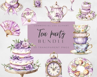 Afternoon Tea Clip Art, Vintage Floral PNG, High Tea Invitations, Watercolor Designs, Digital Download Set, Let's Par-tea, Teacup Stack png