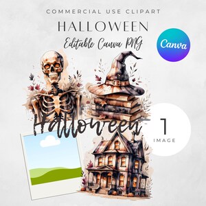 Peut inclure: Clipart aquarelle sur le thème d'Halloween. Comprend un squelette, un chapeau de sorcière sur des livres, une maison hantée et un cadre polaroid. Le texte comprend "Halloween" et "Editable Canva PNG".