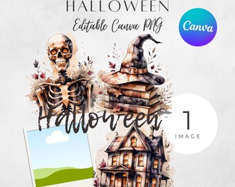 Watercolor Halloween Template Editable T Shirt Design, Custom Halloween Photo and Printable, Trendy Halloween and Spooky Season PNG
