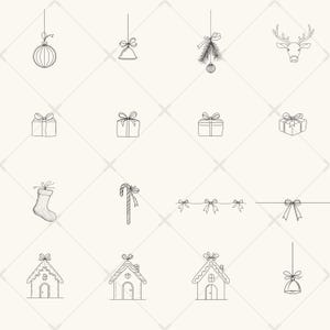 K&ouml;nnte beinhalten: Ein Satz von 12 Schwarzwei&szlig;-Zeichnungen mit weihnachtlichen Motiven. Die Illustrationen zeigen eine Glocke, einen Strumpf, einen Zuckerstock, ein Lebkuchenhaus, ein Rentier, eine Geschenkbox, einen Weihnachtsbaum und einen Weihnachtsbaumschmuck.