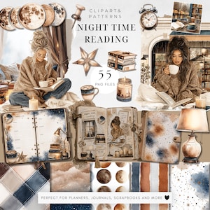 May include: A digital art collection with a cozy theme, featuring illustrations of women reading, books, candles, and celestial elements. The text "NIGHT TIME READING" and "55 PNG FILES" are visible. Perfect for planners, journals, and scrapbooks.
