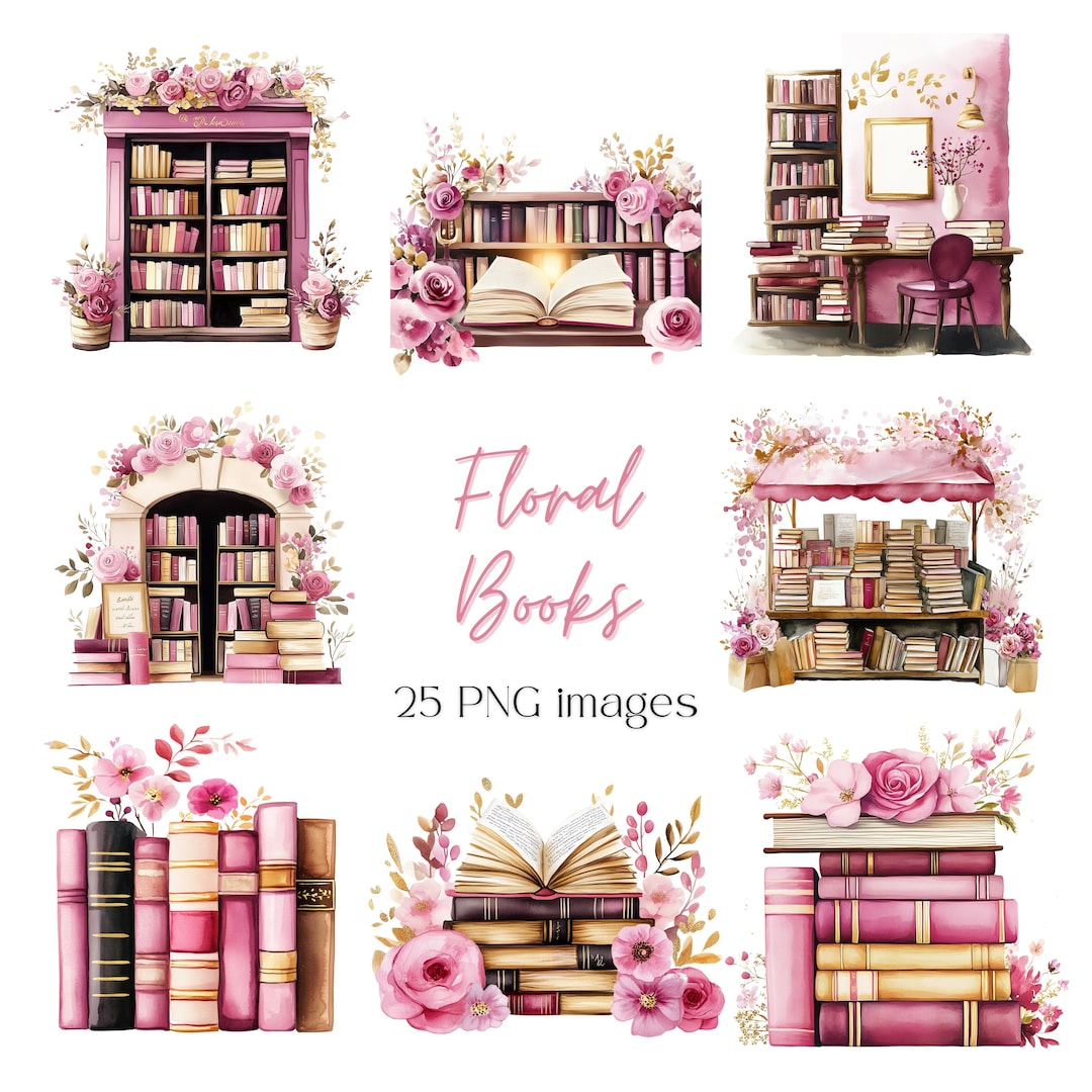 Floral Vintage Books Clipart | Book Stack PNG | Reading Graphics ...
