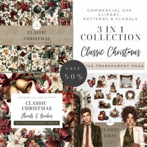 May include: A digital art collection featuring Christmas-themed clipart, patterns, and florals. The image includes the text "Classic Christmas" and "Save 50%", with various illustrations of holiday elements like gifts, bells, and poinsettias.
