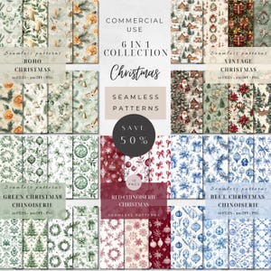 May include: A digital collection of Christmas-themed seamless patterns. The image showcases six different sets, including Boho, Vintage, and Chinoiserie designs in green, red, and blue. Each set contains 10 files at 300 DPI, suitable for commercial applications.