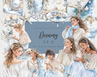 Watercolor Dreamy Sea clipart | Ocean Godess | Marine graphics | Mythology and Magical clipart | Sea witchery PNG | Seashell Clipart