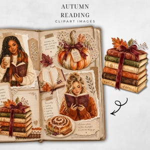 May include: A digital collection of autumn-themed clipart images featuring illustrations of two people reading books, a pumpkin with a tag labeled Book Club, a cinnamon roll, and stacks of books tied with dark red ribbons, all set on a journal page.