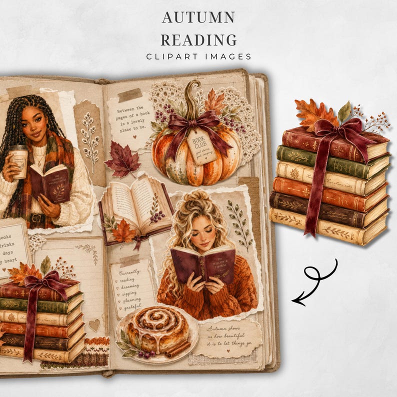 May include: A digital collection of autumn-themed clipart images featuring illustrations of two people reading books, a pumpkin with a tag labeled Book Club, a cinnamon roll, and stacks of books tied with dark red ribbons, all set on a journal page.