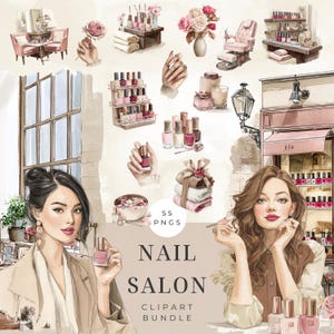 May include: Watercolor illustration of a nail salon clipart bundle. The image features various nail polish bottles, manicure tools, and salon furniture in shades of pink and beige. The text "NAIL SALON CLIPART BUNDLE" is displayed.