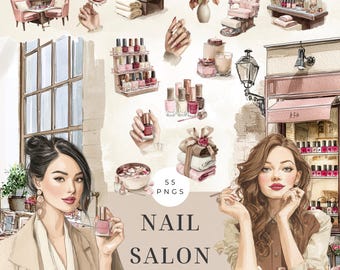 Watercolor Nail Salon Decor Clipart Bundle, Self care graphics, Pink spa girl PNG, Nail Hand Illustration, Digital Stickers for Goodnotes