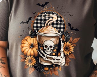 Skeleton Coffee PNG Fall Halloween Clipart, Pumpkin Spice Latte Sublimation, Spooky Sunflowers Grunge Checkered Mug PNG Digital