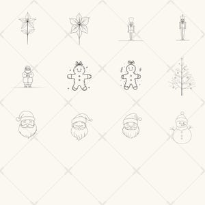 K&ouml;nnte beinhalten: Ein Satz mit 10 schwarz-wei&szlig;en Illustrationen zum Thema Weihnachten. Die Illustrationen beinhalten einen Weihnachtsstern, einen Lebkuchenmann, einen Nussknacker, einen Weihnachtsbaum und den Weihnachtsmann.