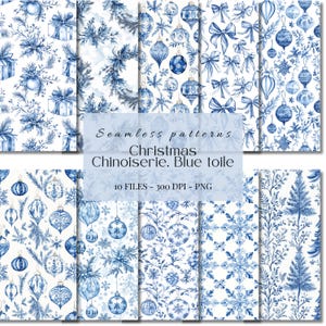Chinoiserie natalizia Toile de Jouy motivi di sfondo senza soluzione di continuità / Toile blu natale png / Download digitale, clipart per carte, tessuti