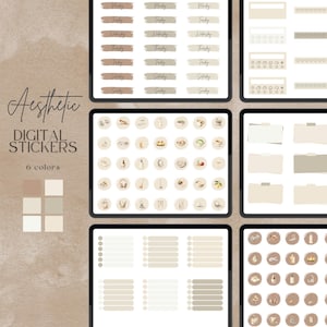 May include: A set of digital stickers in six different colors. The stickers feature a variety of designs, including days of the week,  checklists, and illustrations of candles, coffee cups, and other objects. The stickers are designed in an aesthetic style.