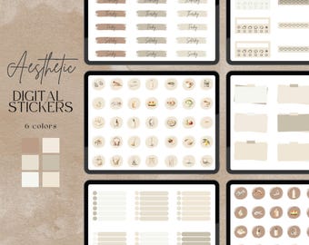 May include: A set of digital stickers in six different colors. The stickers feature a variety of designs, including days of the week,  checklists, and illustrations of candles, coffee cups, and other objects. The stickers are designed in an aesthetic style.