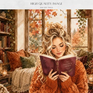 May include: A digital illustration of a person with long wavy blonde hair wearing a textured orange sweater, holding an open book titled The Willow & Thorne. The background features a window with autumn foliage and a bookshelf with books.
