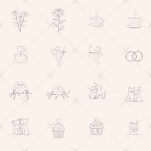 May include: A set of 12 black and white line drawings of romantic and love themed illustrations. The illustrations include roses, coffee cups, birds, cats, cupcakes, rings, and an angel with an arrow.